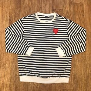 Shein Black and White Striped Red Heart Patch Long Sleeve Sweatshirt Size XS